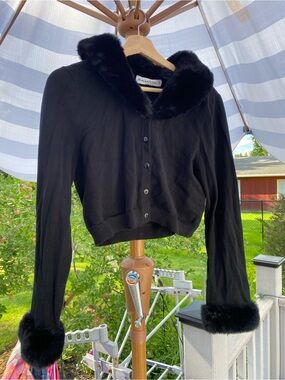 Black Friday Y2K Black Faux Fur Trim Cropped Cardigan 100% Cotton